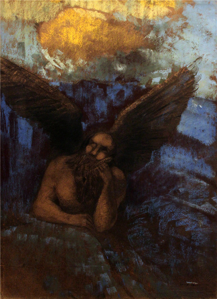 奥迪隆·雷顿(Odilon Redon)作品-有翼狮身人面像靠在岩石上