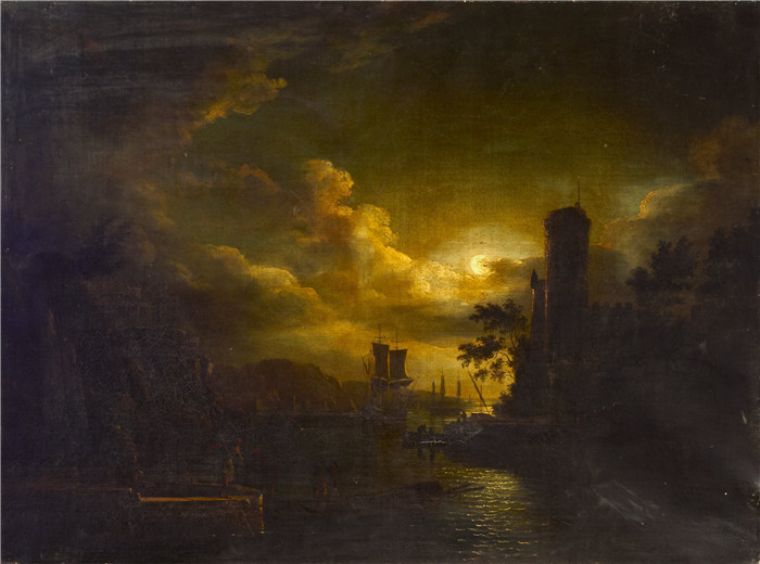 亚伯拉罕·佩瑟(Abraham Pether)作品-月光海岸 Coast Scene by Moonlight