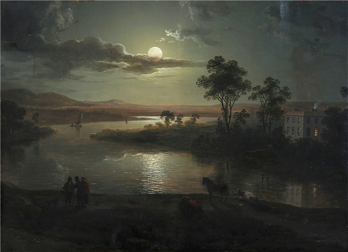 亚伯拉罕·佩瑟(Abraham Pether)作品-满月和人物的夜景