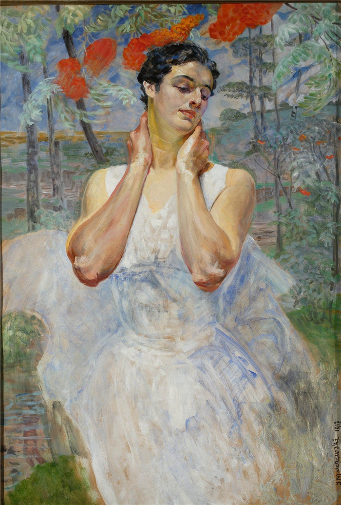 杰克·马尔切夫斯基(Jacek Malczewski)作品-女子肖像,背景为榛树Portret kobiety na tle jarzębiny