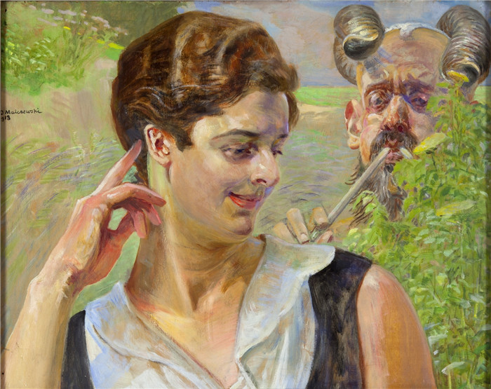 杰克·马尔切夫斯基(Jacek Malczewski)作品-女人与动物 Kobieta z faunem 1918