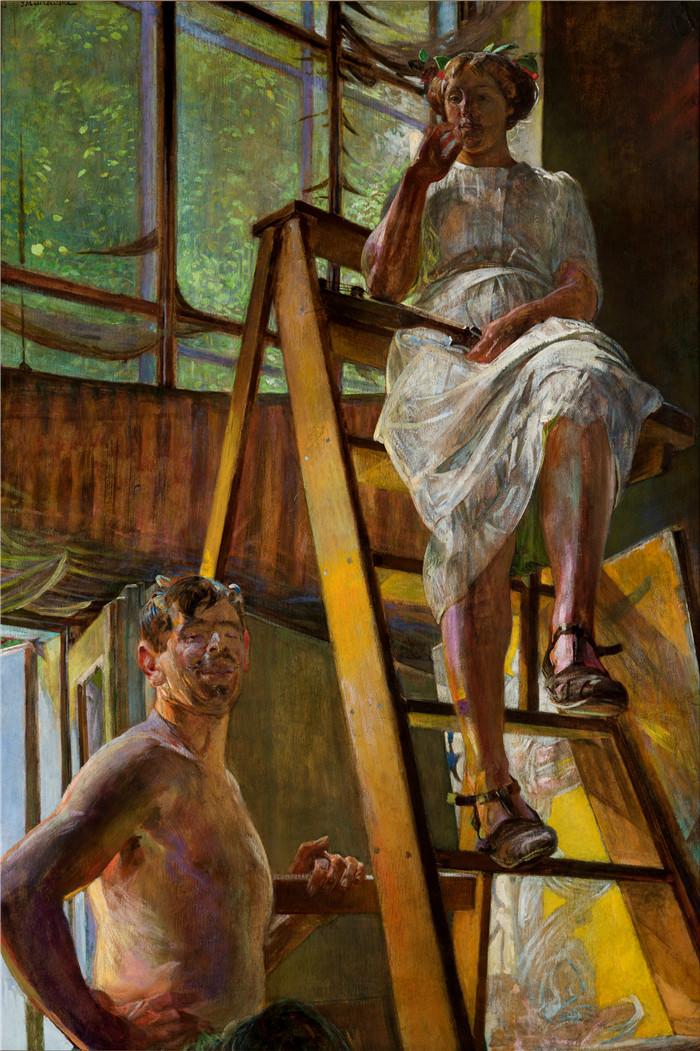 杰克·马尔切夫斯基(Jacek Malczewski)作品-山羊怪与模特Satyr and a Model