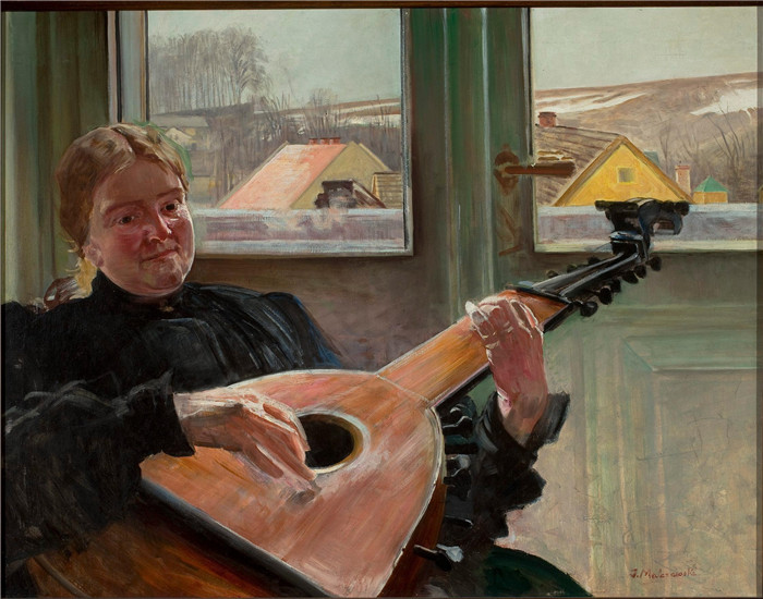 杰克·马尔切夫斯基(Jacek Malczewski)作品-艺术家海伦娜的姐姐手持鲁特琴的肖像Portret siostry artysty Heleny z lutnią