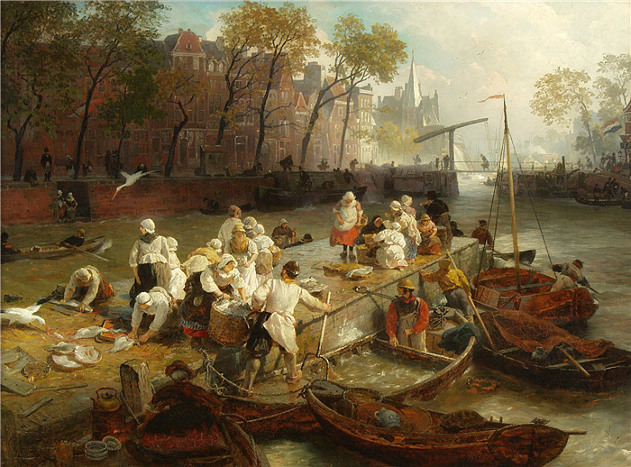 安德烈亚斯·阿肯巴赫(Andreas Achenbach)的画作-阿姆斯特丹鱼市场Fischmarkt in Amsterdam