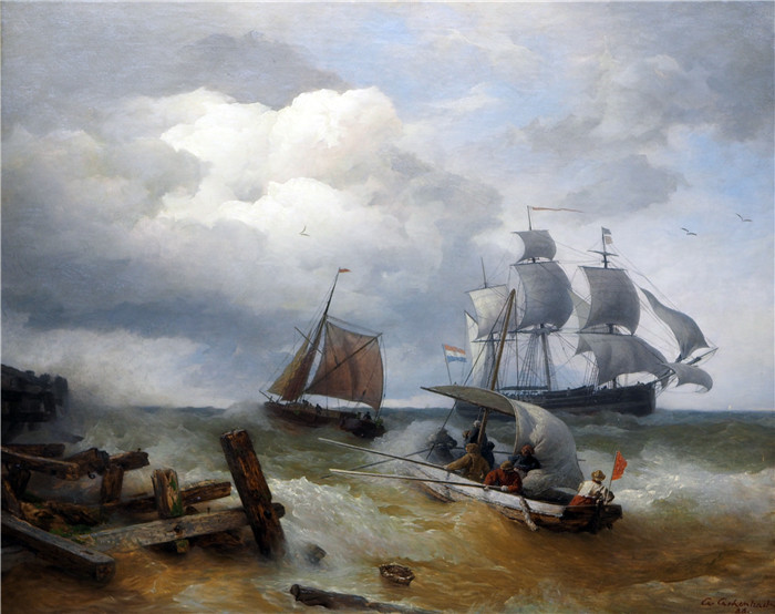 安德烈亚斯·阿肯巴赫(Andreas Achenbach)的画作-暴风雨中的小船