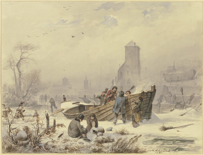 安德烈亚斯·阿肯巴赫(Andreas Achenbach)的画作-冰封船只上的船员