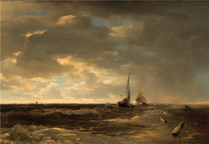安德烈亚斯·阿肯巴赫(Andreas Achenbach)的画作-波涛汹涌海面上的渔船