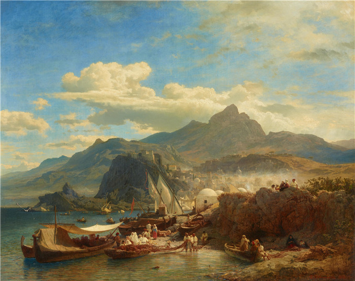 安德烈亚斯·阿肯巴赫(Andreas Achenbach)的画作-地中海东岸的繁忙港口