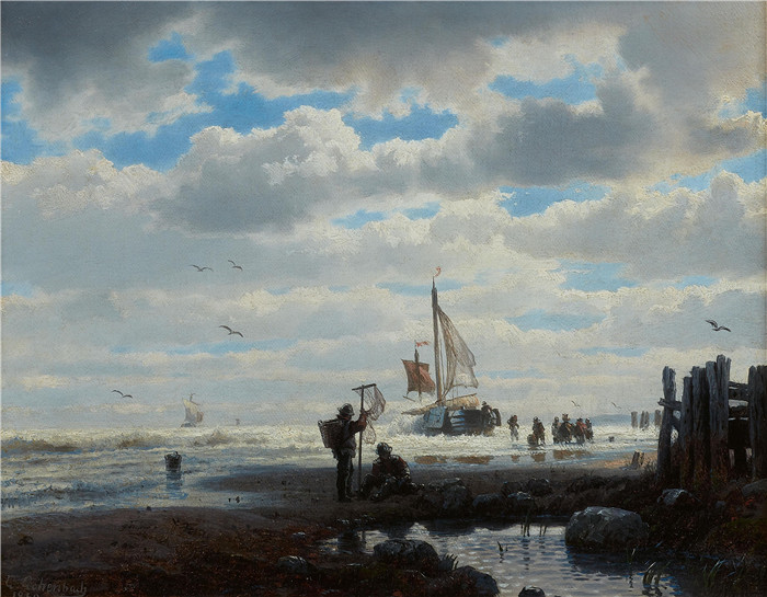 画作-海滩与渔民和帆船 Strand mit Fischern und Segelschiff 1852