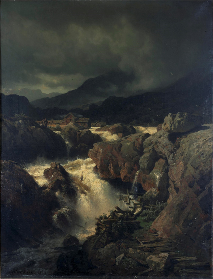 画作-瀑布景观Rotslandschap met waterval in Noorwegen Centraal Museum
