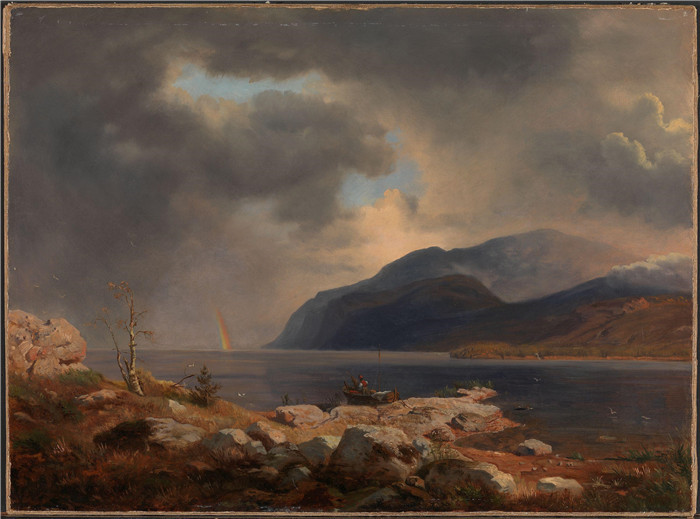 安德烈亚斯·阿肯巴赫(Andreas Achenbach)的画作-挪威峡湾景观与彩虹Norsk fjordlandskap med regnbue