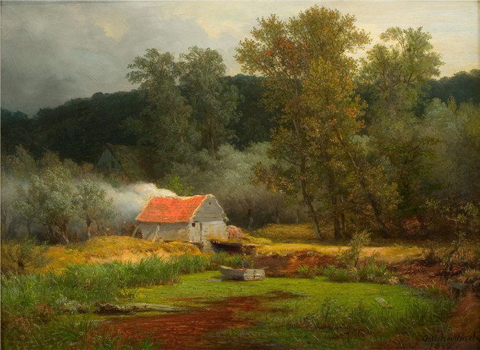画作-森林山景中的小屋Schuurtje aan een plas in bebost heuvellandschap