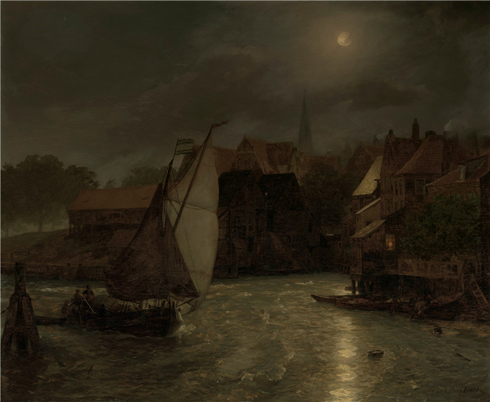 画作-运河上的小船月光boats on a canal moonlight