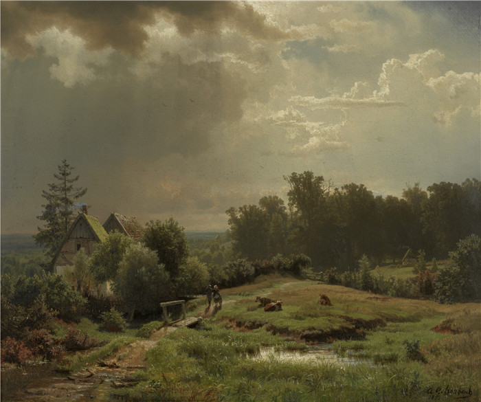 画作-丘陵地貌与多云天空 Heuvelachtig landschap met bewolkte lucht