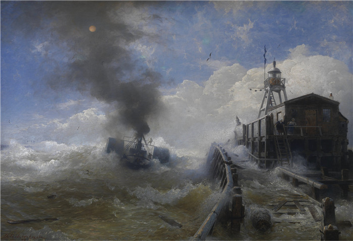 一艘拖船在涨潮时离开奥斯坦德港Ein Schlepper verlässt den Hafen von Ostende bei Flut