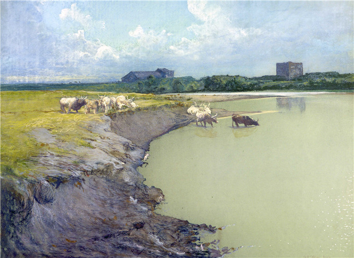 朱利奥·阿里斯蒂德·萨尔托里奥(Giulio Aristide Sartorio)的绘画-神圣之岛On the Isola Sacra (c.1908-1913)