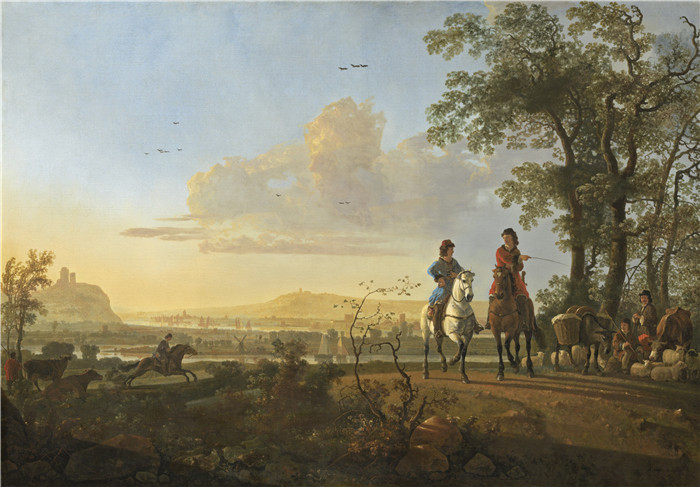 阿尔伯特·库普(Aelbert Cuyp)作品-骑士和牧民与牛