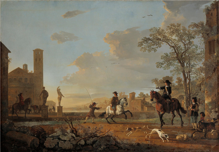阿尔伯特·库普(Aelbert Cuyp)作品-驯马师的风景Landscape with Horse Trainers