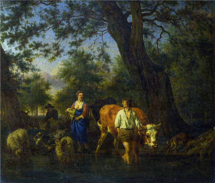 阿德里安·范·德·维尔德(Adriaen van de Velde)-农民与牛在小溪