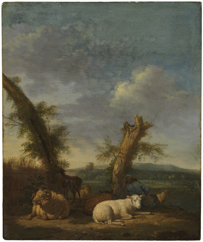 阿德里安·范·德·维尔德(Adriaen van de Velde)-绵羊与沉睡的牧羊人的风景