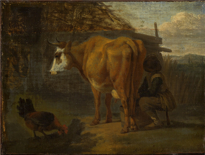 阿德里安·范·德·维尔德(Adriaen van de Velde)-牧羊人牛奶的棕色牛