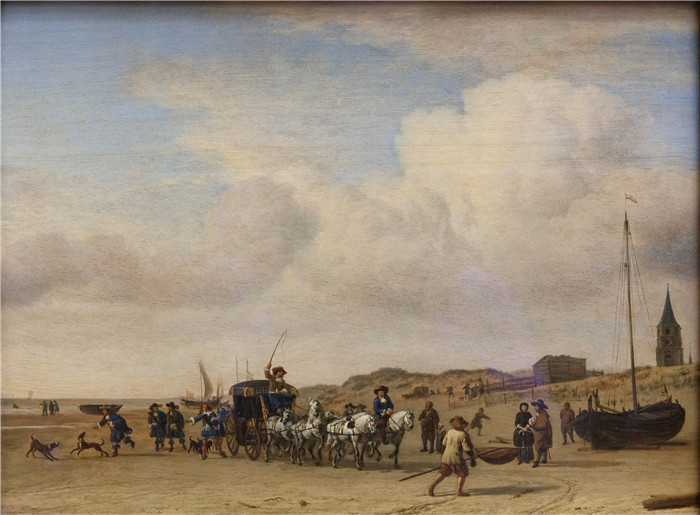 阿德里安·范·德·维尔德(Adriaen van de Velde)-在舍维宁根海滩上行走的贵族船员