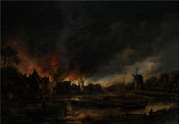 阿尔特·范德尼尔（Aert van der Neer）油画-17世纪夜间的陆地火灾Landsbybrand ved nattetide