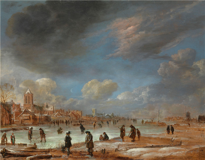 阿尔特·范德尼尔（Aert van der Neer）油画-冬季河景Riviergezicht bij winte