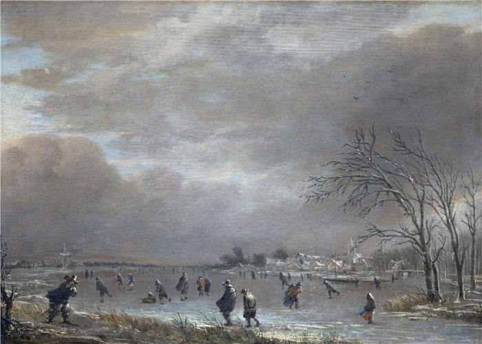 油画-冬季风景与冰冻的河流上的滑冰者Målning. Vinterlandskap med skridskoåkare på frusen flod