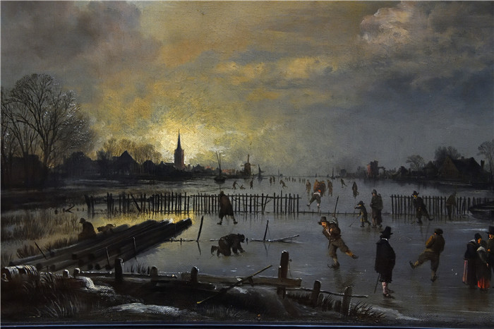 油画-冬景与滑冰者 Aert van der Neer Winterscape with ice skaters about