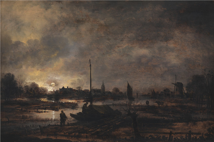 阿尔特·范德尼尔（Aert van der Neer）油画-村庄上的月亮升起Månens opgang over en landsby