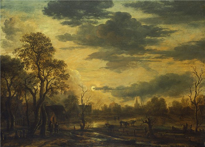 阿尔特·范德尼尔（Aert van der Neer）油画-村里的月夜 Maannacht in een dorp 