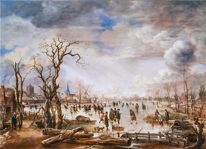 油画-冬季风景与冰乐 Winterlandschaft mit Eisvergnügen