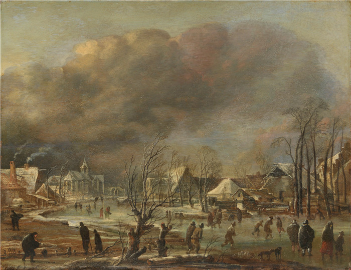 阿尔特·范德尼尔（Aert van der Neer）油画-冰冻船上的村庄