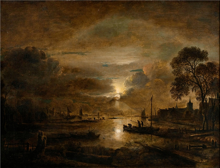 油画-荷兰河上的月光 Moonlight at a Dutch River