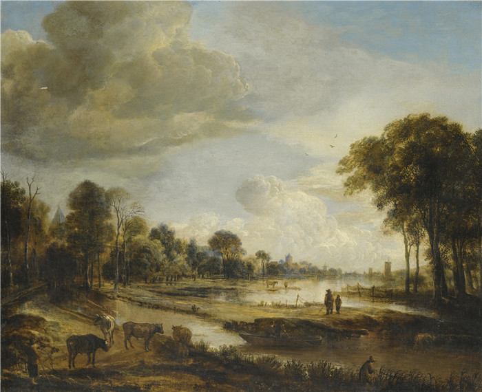 阿尔特·范德尼尔(Aert van der Neer)油画-人物与牛的河流景观