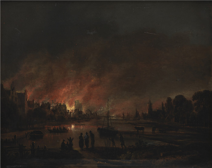 阿尔特·范德尼尔(Aert van der Neer)油画-夜间火灾在一个村庄Natlig ildebrand i en landsby,