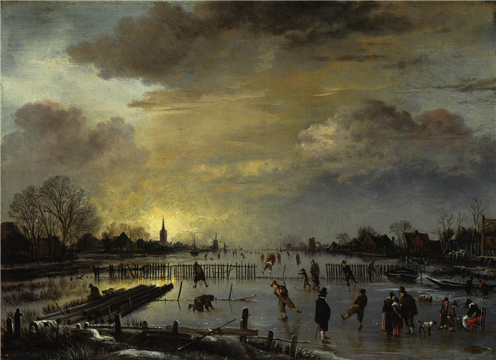 阿尔特·范德尼尔(Aert van der Neer)油画-日落时溜冰的冬季景观Aert van der Neer