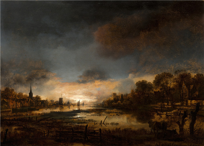 阿尔特·范德尼尔(Aert van der Neer)油画-日落时的河流景观River Landscape at Sunset