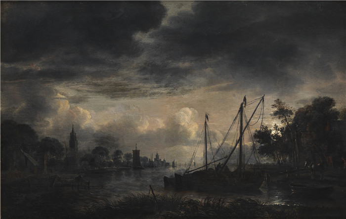 阿尔特·范德尼尔(Aert van der Neer)油画-月光下的河景Flodlandskab i måneskin