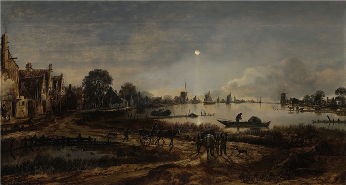 阿尔特·范德尼尔(Aert van der Neer)油画-月光下的河景Riviergezicht bij maanlicht