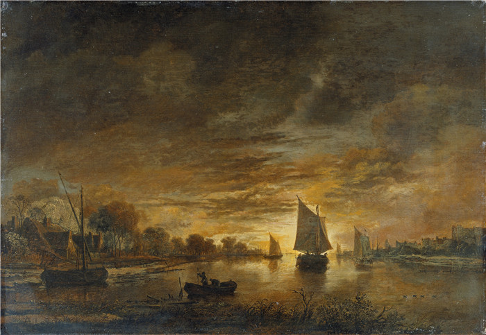 阿尔特·范德尼尔(Aert van der Neer)油画-月亮升起时的河流景观