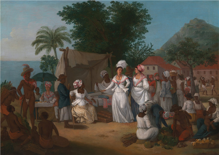 阿戈斯蒂诺·布鲁尼亚斯（Agostino Brunias）画作-西印度群岛有亚麻摊和蔬菜销售商的亚麻市场