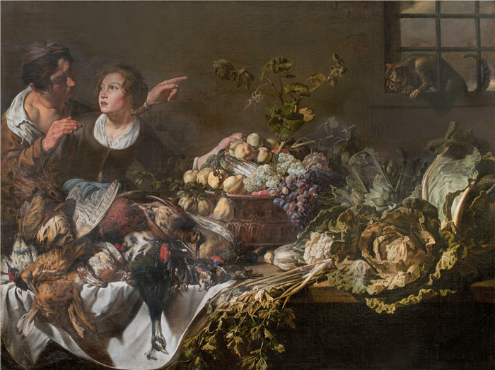 阿德里安·范·乌得勒支(Adriaen van Utrecht)作品-厨房静物与游戏,水果和蔬菜