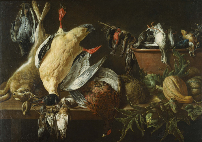 阿德里安·范·乌得勒支(Adriaen van Utrecht)作品-带游戏和蔬菜的静物画