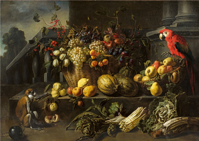 阿德里安·范·乌得勒支(Adriaen van Utrecht)作品-花园里有水果、蔬菜、猴子和鹦鹉的静物画