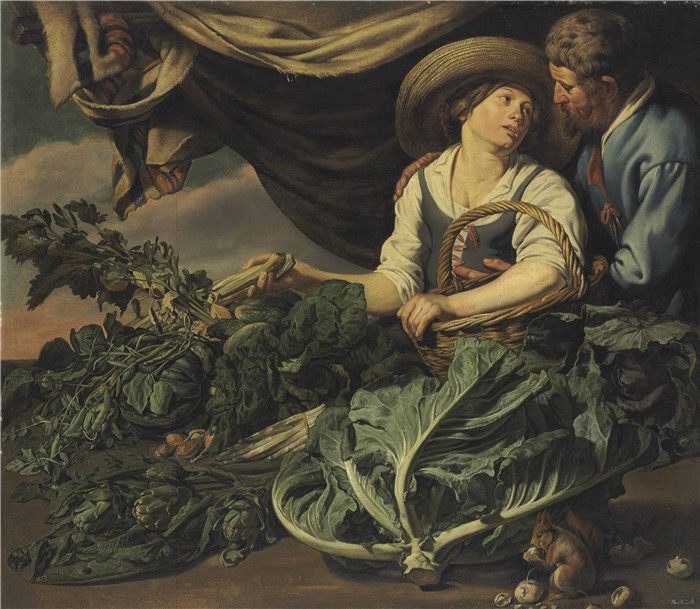 阿德里安·范·乌得勒支(Adriaen van Utrecht)作品-一对爱着生菜、洋蓟、豌豆和其他蔬菜的情侣