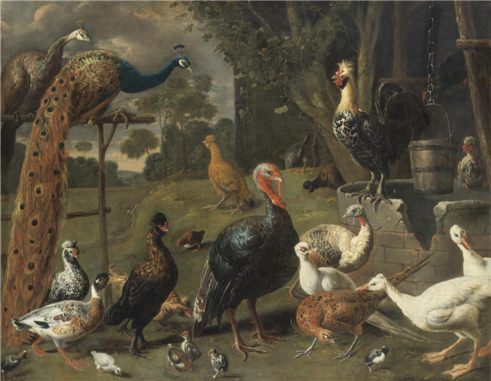 阿德里安·范·乌得勒支(Adriaen van Utrecht)作品-栖息在栖木上的孔雀和母孔雀、火鸡、雉鸡以及井边的家禽