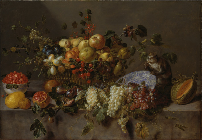 阿德里安·范·乌得勒支(Adriaen van Utrecht)作品-物与水果和猴子吃葡萄