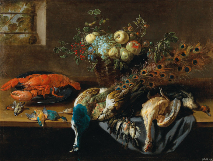 阿德里安·范·乌得勒支(Adriaen van Utrecht)作品-孔雀、水果、煮龙虾和鸟类的猎物